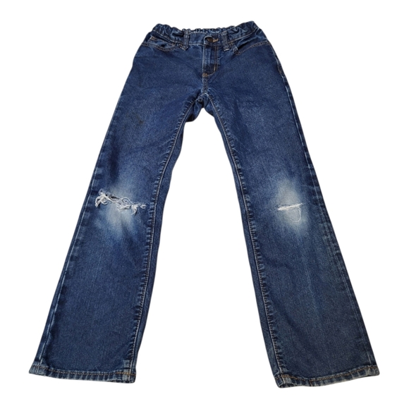 Old Navy Kids Dark Blue Straight Leg Elastic Waistband Distressed Jeans- Size 10 - Picture 1 of 3